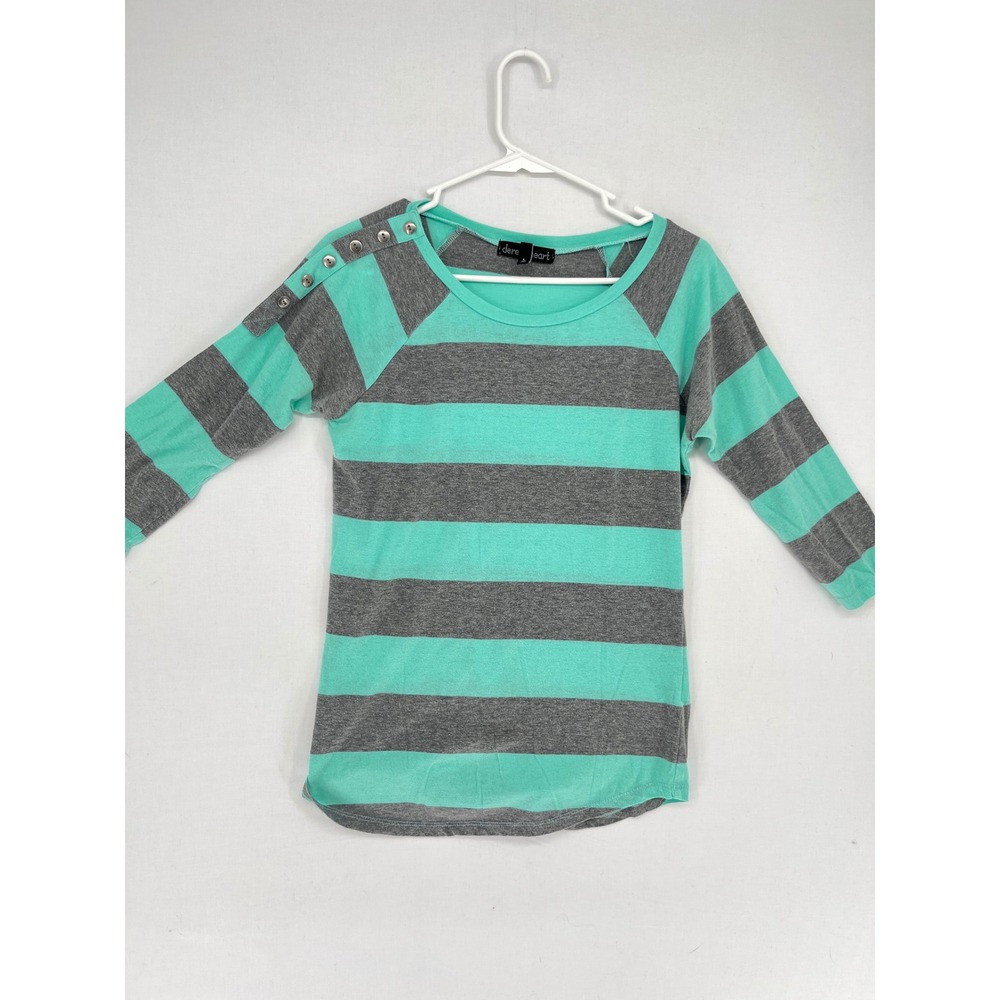 Derek Heart Striped Raglan Top Teal Gray Button Shoulder 3/4 Sleeve Size L